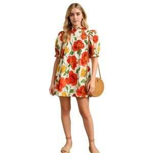 Think Of Me Cottagecore Floral Shift Dress Bodice Ruffled Collar Puff Sleeves L